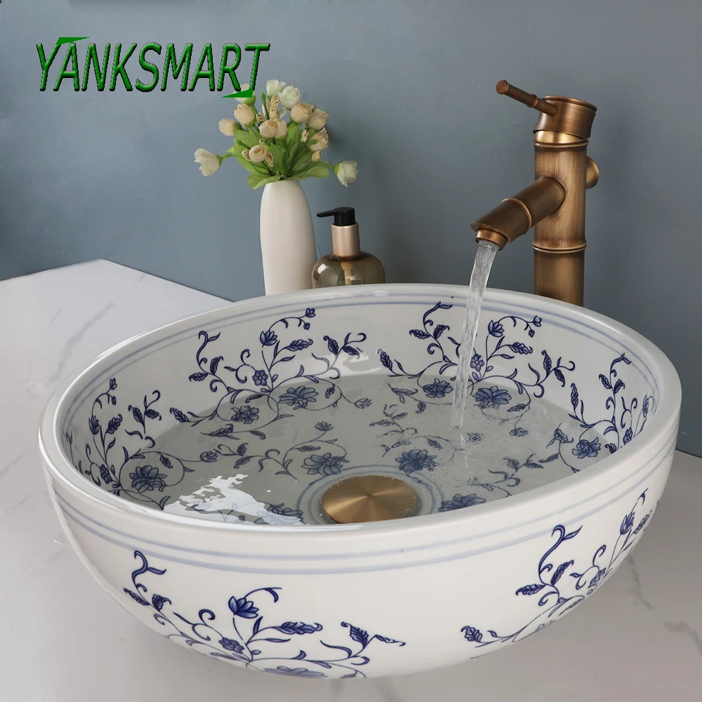 

YANKSMART Round Bowl Ceramic Vessel Sink Faucet Combo Kit Blue and White Porcelain Counter Vanity Bamboo Tap Set W/ Pop-up Drain