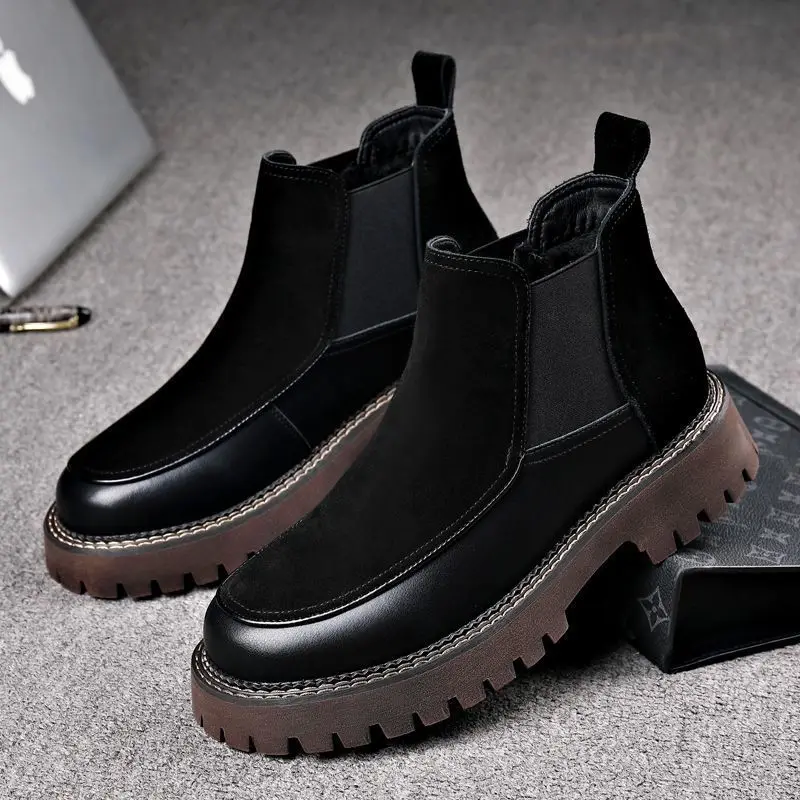 

men's casual chelsea boots black trendy cow suede leather shoes autumn platform boot party nightclub dress handsome ankle botas