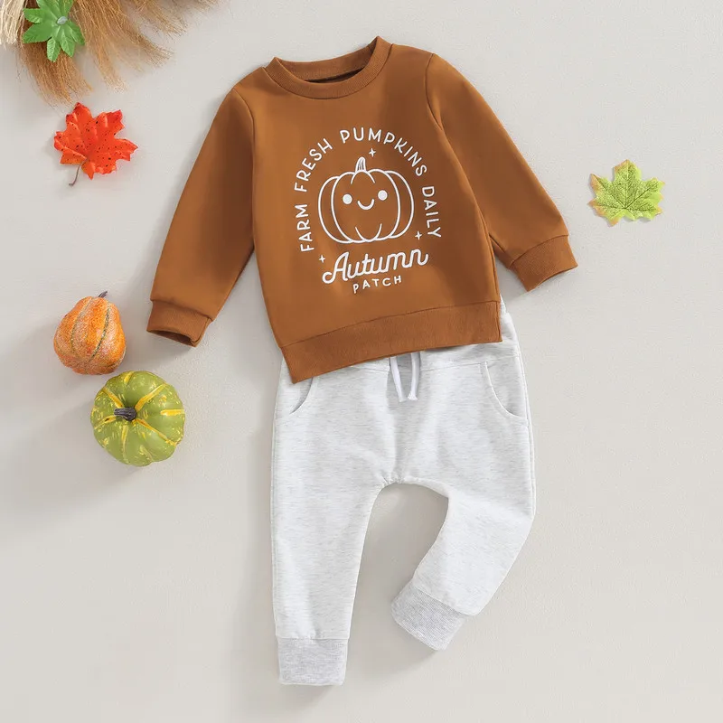 

Toddler Baby Boy 2PCS Pant Sets Spring Autumn Clothes Long Sleeve Letter Pumpkin Tops and Drawstring Pants Baby Items Clothing