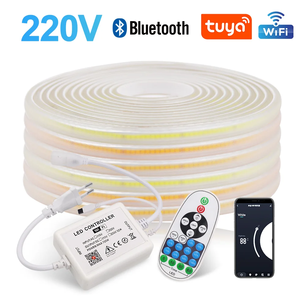 

Диммируемая 220V COB Светодиодная лента Tuya WIFI Bluetooth управление через приложение гибкая светодиодная лента 288LED/m супер яркие водонепроницаемые фонари FOB