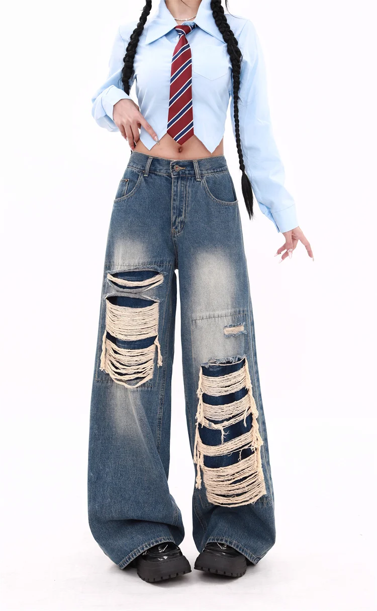 

Women's Broken Tassel Splicing Wide Leg Baggy Jeans Vintage American Street Bottoms Young Girl Casual Trousers Female Loose Pant