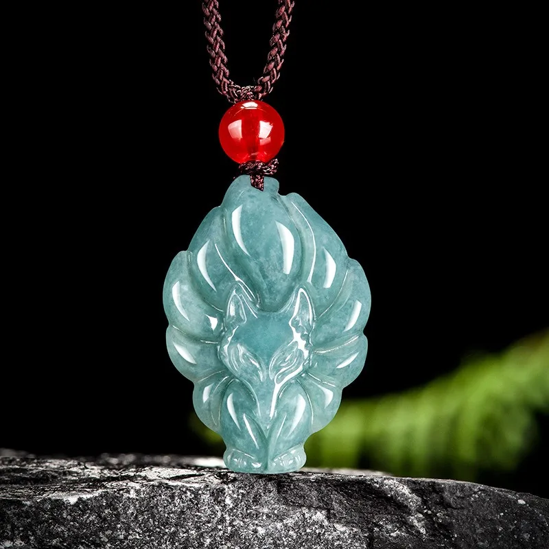 

Natural Blue Emerald Hand-carved Nine-tailed Fox Jade Pendant Necklace Fashion Charm Jewelry Real Jadeite Amulet Gifts for Women
