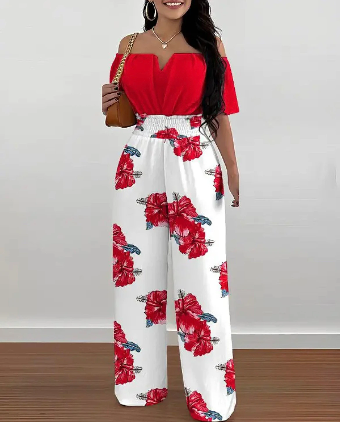 

Women's Printed Wide Leg Jumpsuit, Sexy Slash Neck, Off-Shoulder, High Waist, Summer Fashion, 2024