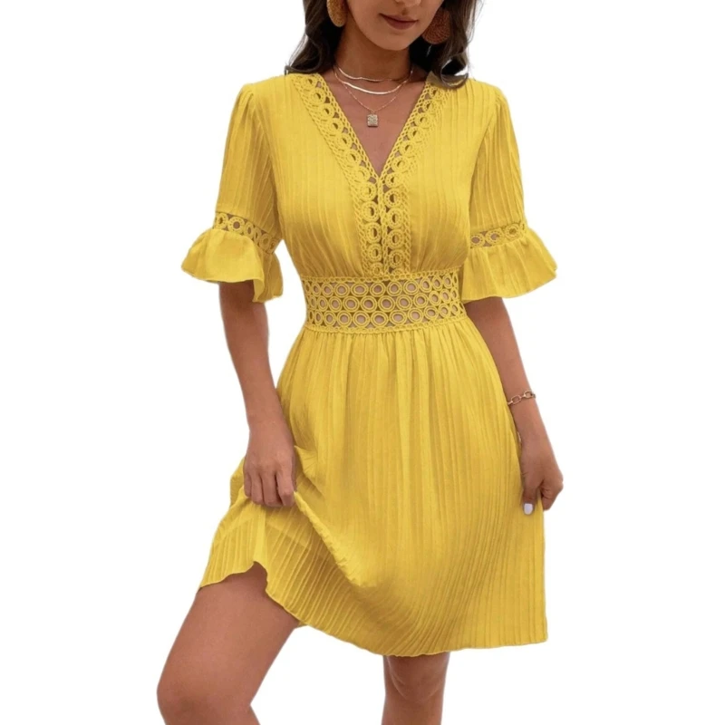 

Womens Flared Sleeve Vneck Minis A Line Swing Dress Casual Summers Short Dress