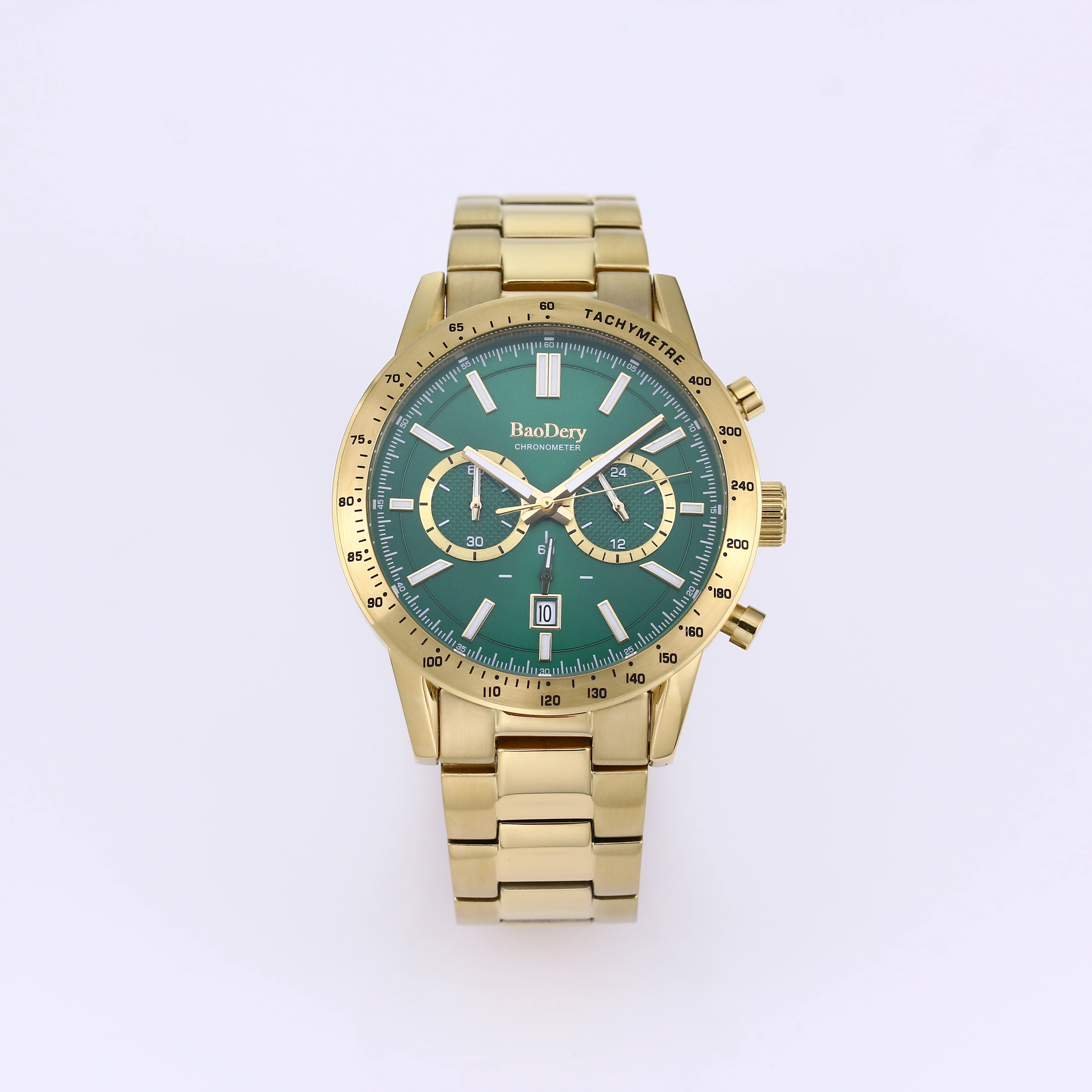 

Sporty Sophistication with a Unique Green Dial - The 44mm Men's Watch Accented by Golden Band and Bezel!