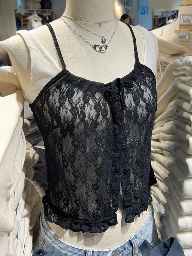 

Женский винтажный укороченный топ с цветочным кружевом Y2k, уличная одежда, облегающий топ без рукавов с оборками, повседневный летний милый черный жилет, 2023