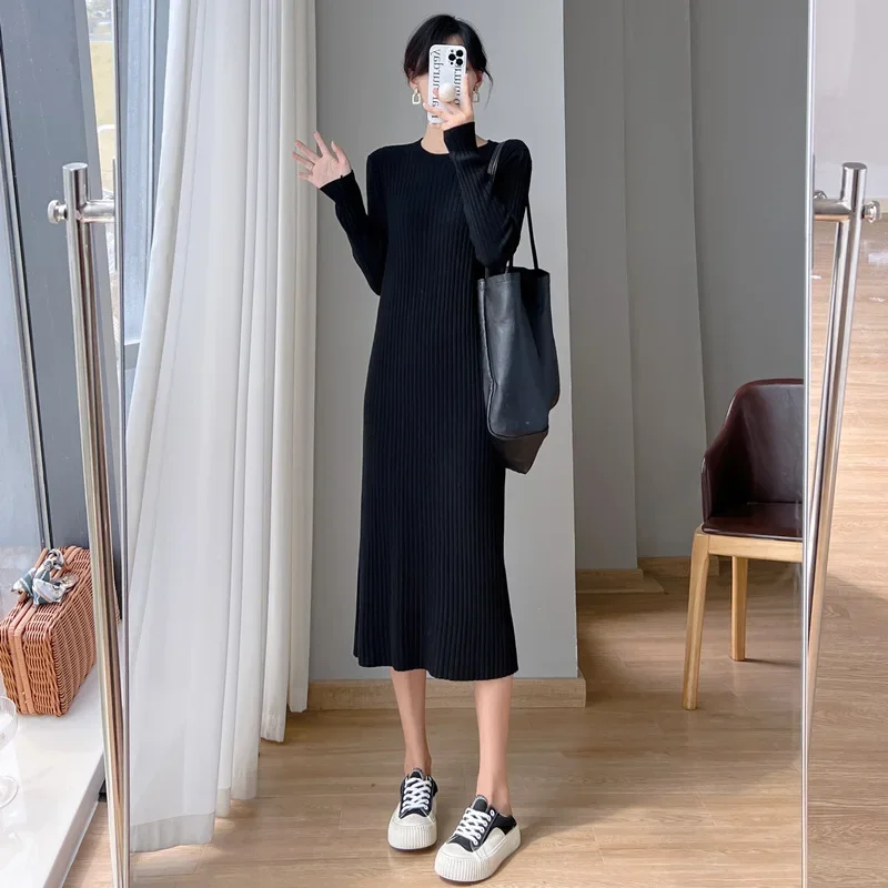 

Autumn Knitted Dress Women Round Neck Long Sleeves Over The Knee Long Skirt 2023 New Elegant Stylish Commuter Casual Dress