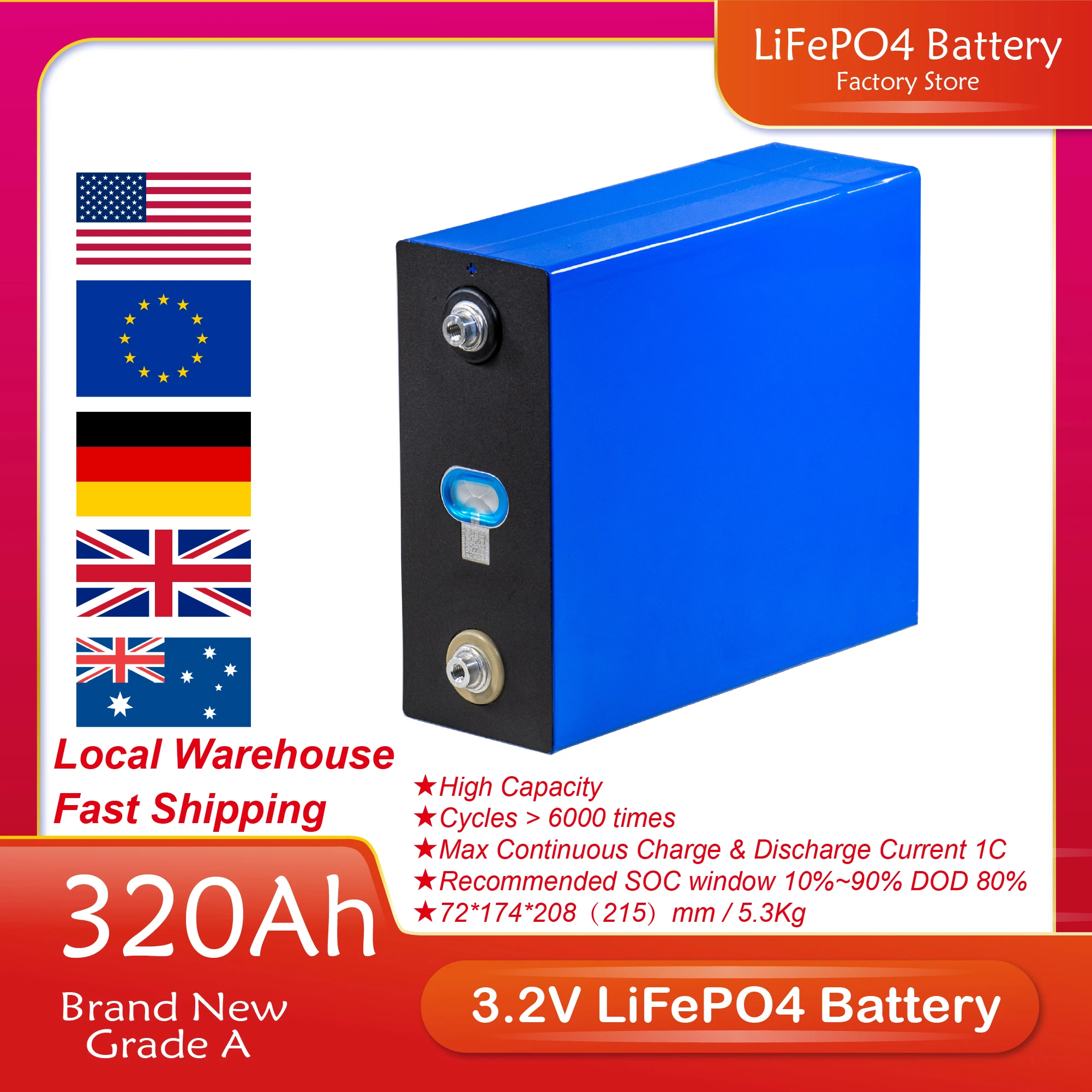 3.2V 280Ah 310Ah lifepo4 DIY 12V 24V battery pack, used for RV solar storage system of electric vehicles duty-free in EU and US
3.2V 280Ah 310Ah lifepo4 DIY 12V 24V battery pack, used for RV solar storage system of electric vehicles duty-free in EU and US
