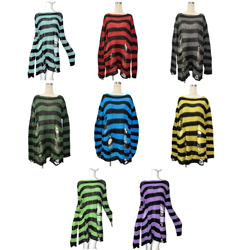 

Women Knit Long Sleeve Sweater Punk Striped Ripped Hole Broken Tunic Dress Tops 10CF