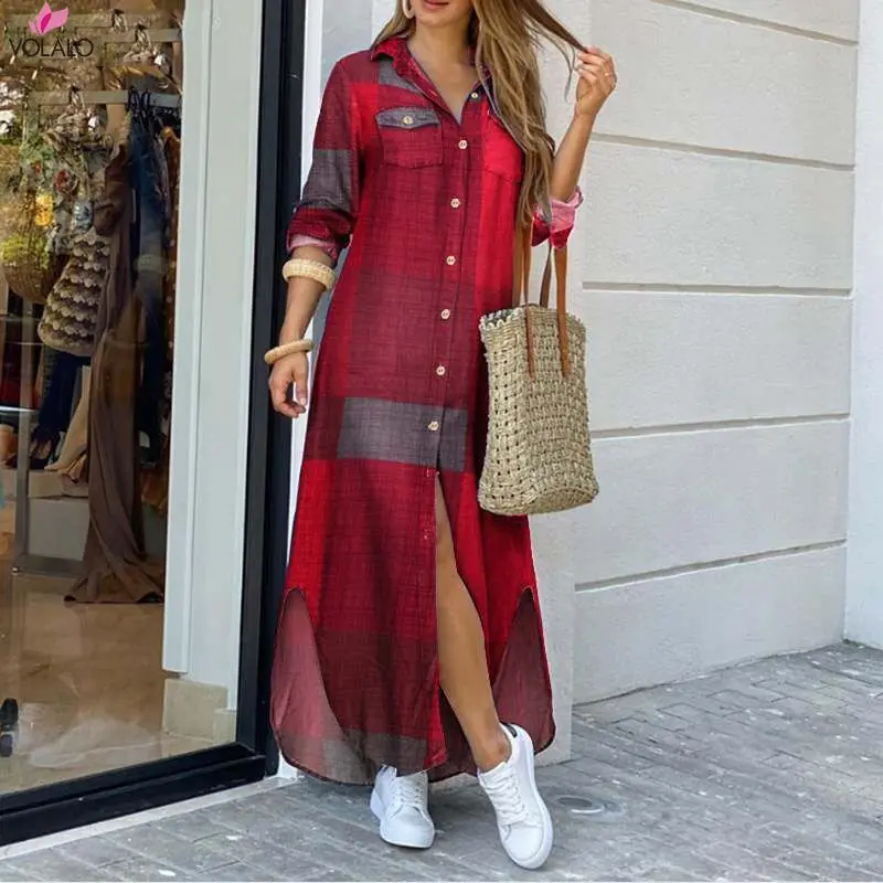 

Long Sleeve Dress Checked Plaid Robe Maxi Beach Dress Summer Elegant Women Button Long Shirt Dress Split Print Lapel Party Robe