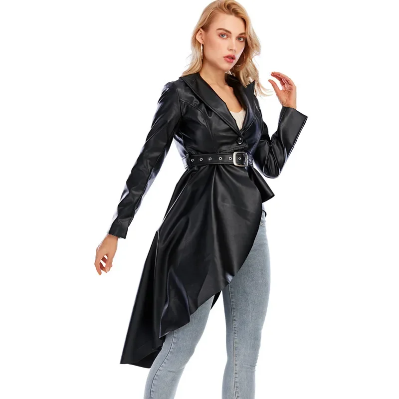 

Womens Fashion Irregular Solid Outwears Casual Jackets Punk Lapel Street Gothic PU Leather Coats 2023 Spring Waist Belt Cardigan