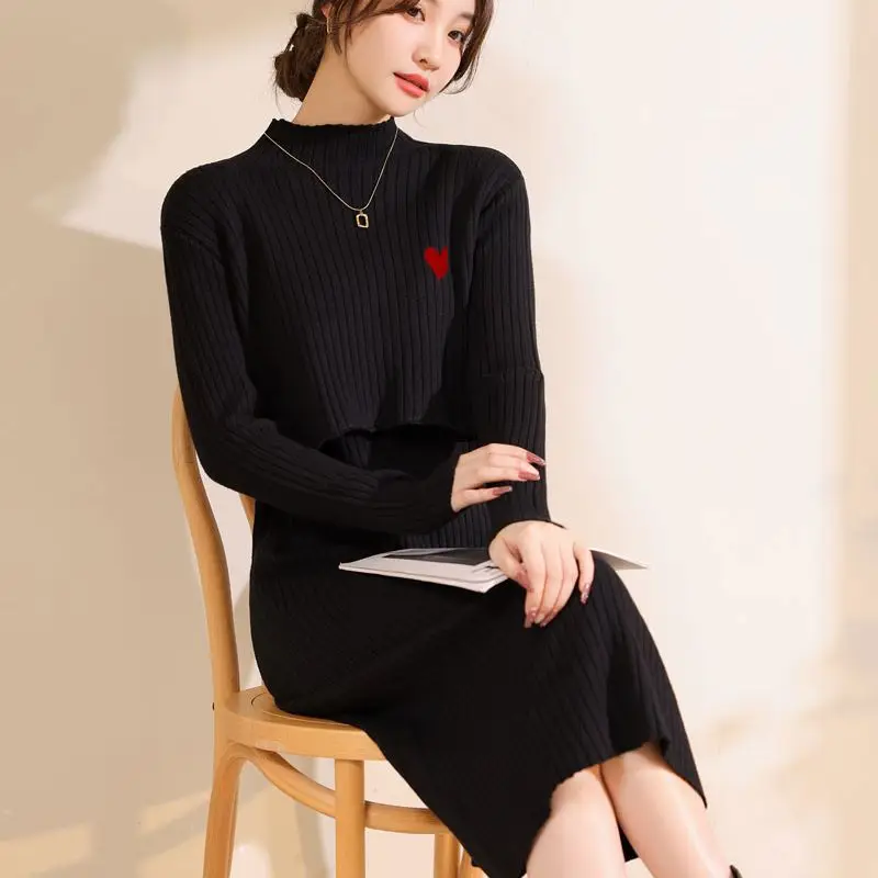 

Korean Style Thick Warm Maternity Nursing Dress with Red Pattern Fashion Pregnant Woman Breastfeeding Sweater Pregnancy Dresses