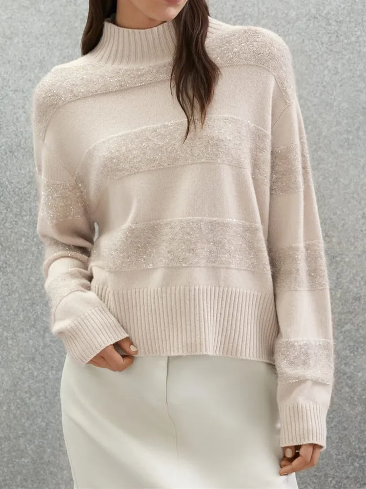 Sweater for Women 2023 New Fall 100% Cashmere Stripes Sequin Half Turtleneck Fashion Casual Long Sleeve Pullover
Sweater for Women 2023 New Fall 100% Cashmere Stripes Sequin Half Turtleneck Fashion Casual Long Sleeve Pullover