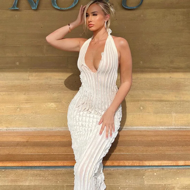 Women Dress 2023 Summer Tassel Ruched Halter Neck-mounted Deep V Neck Backless See Through Clubwear Romance Bodycon Skinny Dress
Women Dress 2023 Summer Tassel Ruched Halter Neck-mounted Deep V Neck Backless See Through Clubwear Romance Bodycon Skinny Dress