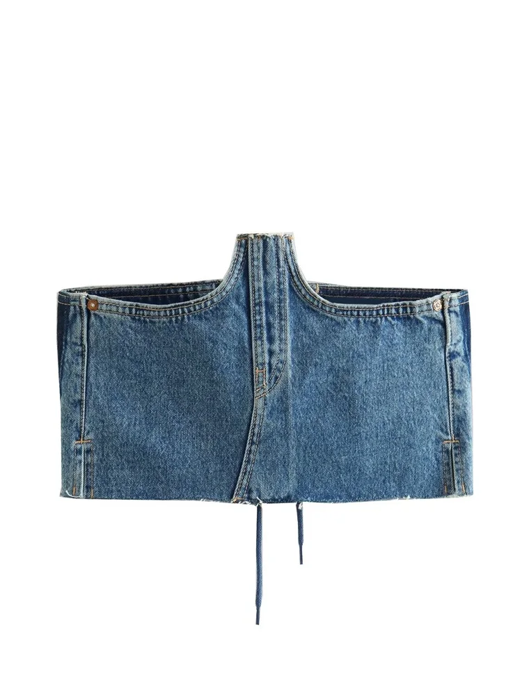 

MESTTRAF 2023 сексуальные модные женские джинсовые укороченные майки без бретелек, винтажные Женские топы с прямым вырезом и шнурком сзади