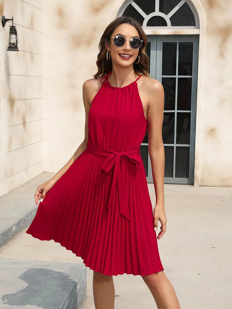 Ladies Casual Halter Neck A-Line Sexy Summer Dress Women Sleeveless Belted Swing Pleated Party Beach Mini Dress Female Vestidos
Ladies Casual Halter Neck A-Line Sexy Summer Dress Women Sleeveless Belted Swing Pleated Party Beach Mini Dress Female Vestidos