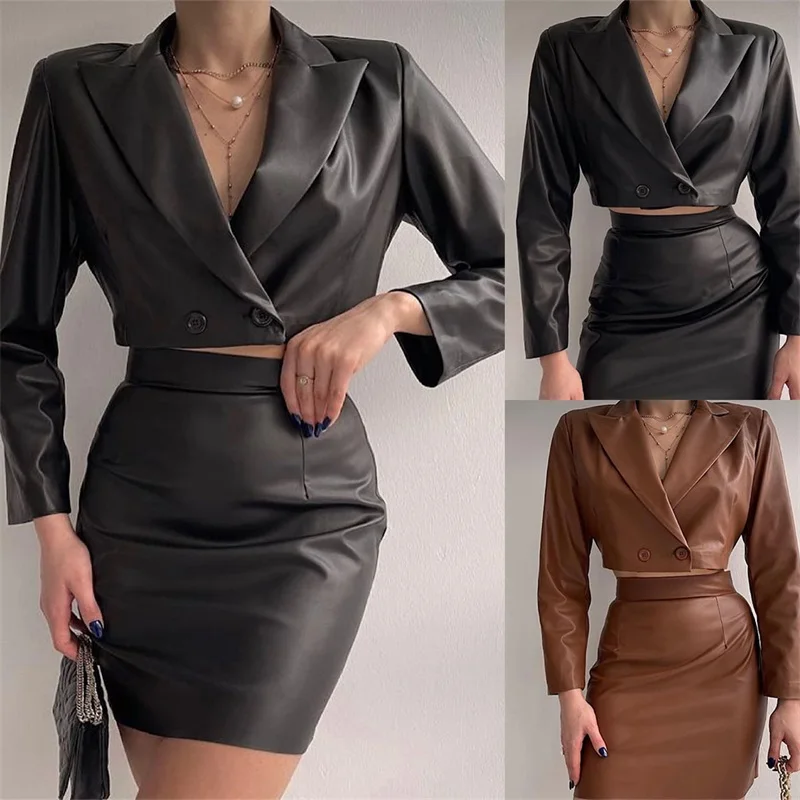 Leather Women Skirt Suits Set 2 Pieces Sexy Shortened Blazer+Mini Prom Dress Party Wear Evening Club Coat Custom Made
Leather Women Skirt Suits Set 2 Pieces Sexy Shortened Blazer+Mini Prom Dress Party Wear Evening Club Coat Custom Made