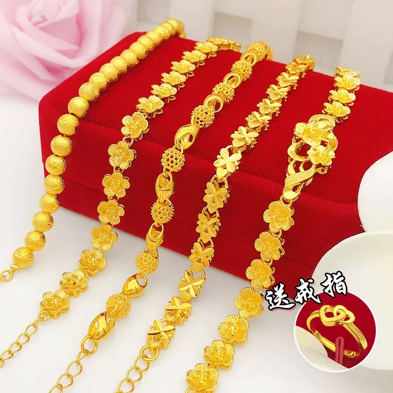 

Plated 100% 24K Real Gold 18K 999 Flower Bracelet Female Fashion Jewelry Four-Leaf Clover Snake Bone Bangle For Women's GIft