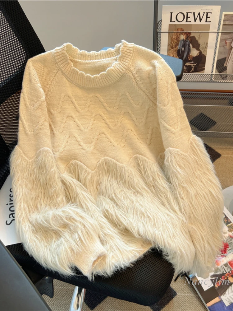 Fall Retro Design Furry Splicing Knitwear Women Solid Color Wave Collar Sweater 2023 Apricot Pull Femme
Fall Retro Design Furry Splicing Knitwear Women Solid Color Wave Collar Sweater 2023 Apricot Pull Femme