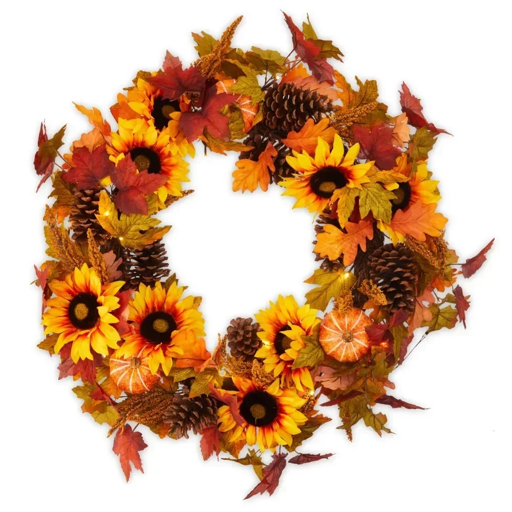 

Way To Celebrate! 30" Pre-Lit Fall Wreath, Orange Sunflower and Maple Leaf Mix, for Fall Decoration