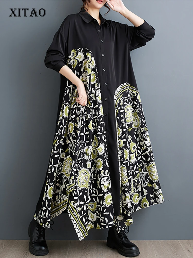 

XITAO асимметричное лоскутное платье-рубашка контрастных цветов с отложным воротником и длинным рукавом повседневное свободное модное женское платье LYD1754