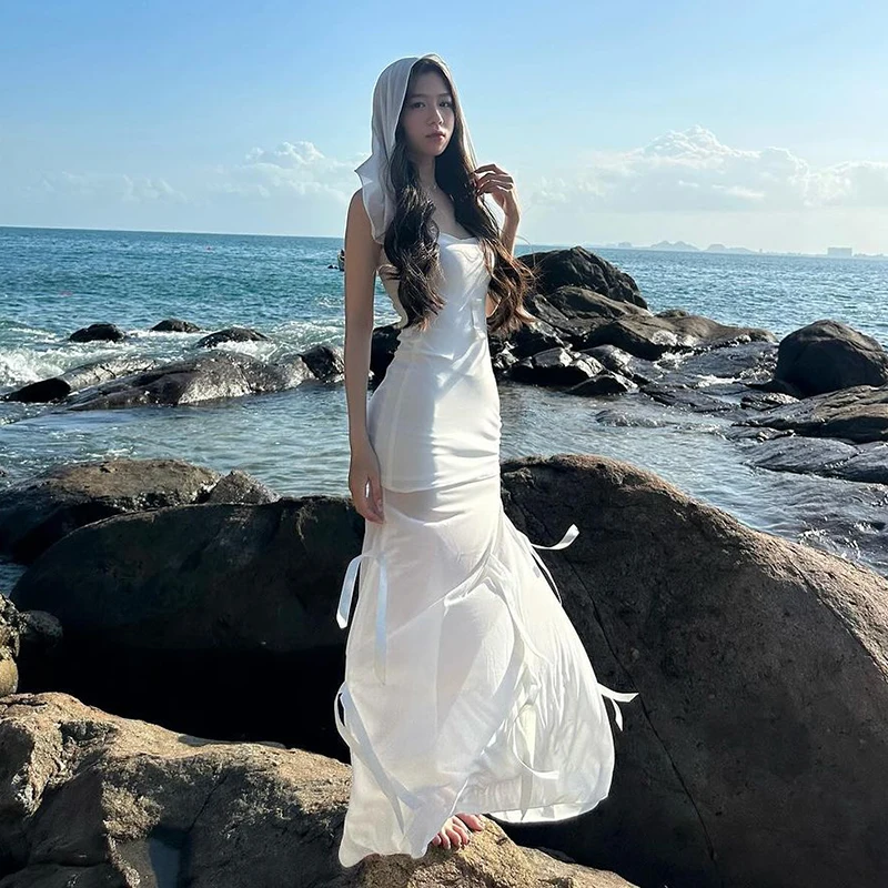 

Vacation Style Beach White Strapless Dress Pure Desire Spicy Girl Design Bow Knot Mesh Ribbon Long Skirt