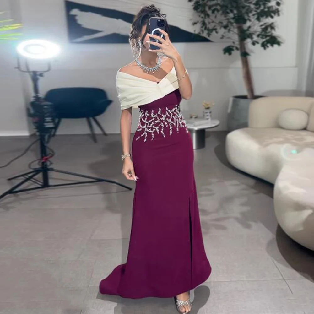 

Fashion Saudi Arab Prom Dress V Neck Off The Shoulder Beading Sequined Sweep Train Arabic Mermaid Evening Dress Formal Gown