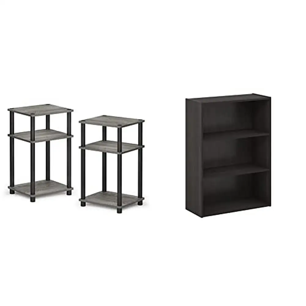 

3-Tier Compact End Table Set with 2 Packs French Oak Grey/Black Finish Modern Design Sturdy Construction Space-Saving Easy