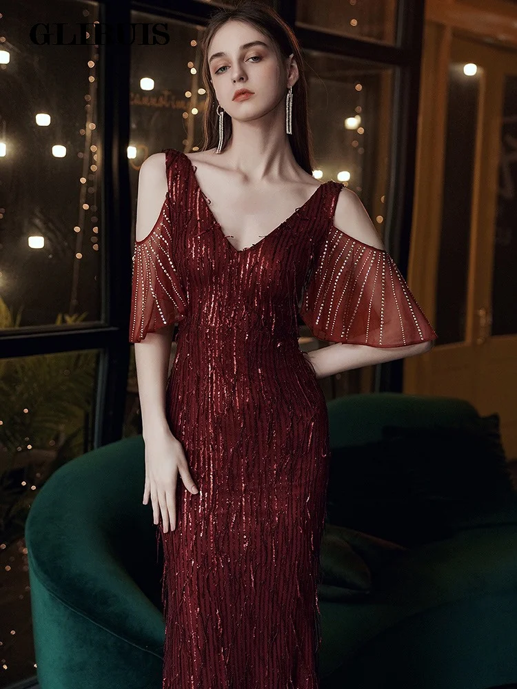 Champagne Burgundy Mermaid Prom Dresses Backless V-neck Beaded Sparkling Tassel Sleeve Sequin Wedding Party Evening Gowns Luxury
Champagne Burgundy Mermaid Prom Dresses Backless V-neck Beaded Sparkling Tassel Sleeve Sequin Wedding Party Evening Gowns Luxury
