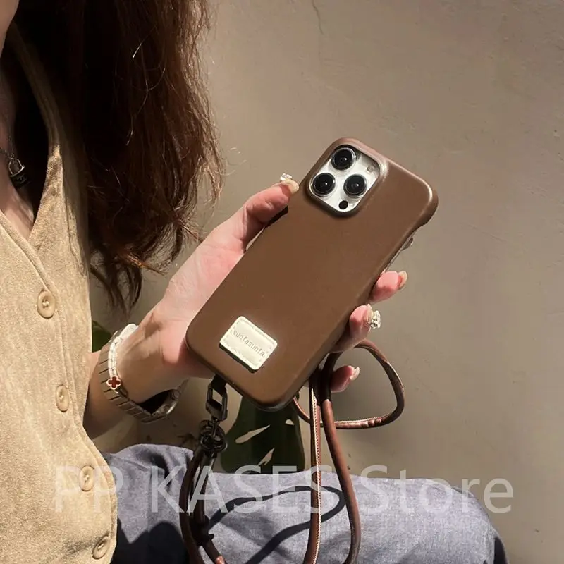 

Luxury Leather Texture With Lanyard Phone Case For iPhone 15 14 13 12 Pro Max 11 Plain Light Luxury Style Girlish Minimalism