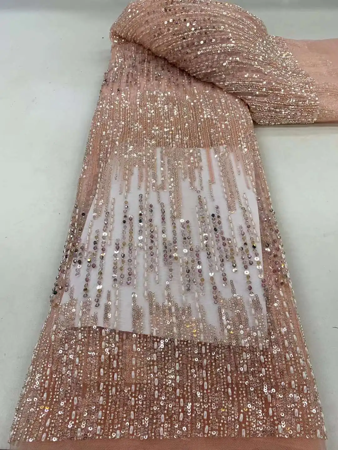 

French African Groom Sequins Lace Fabric 2023 With Beaded High Quality For Women Wedding Dress Nigerian Lace Mesh Fabric 5 Yards