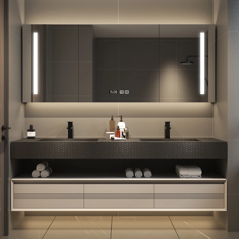 

Designer rock slab integrated basin Bathroom cabinet combination simple wash basin light luxury bathroom washstand wash basin