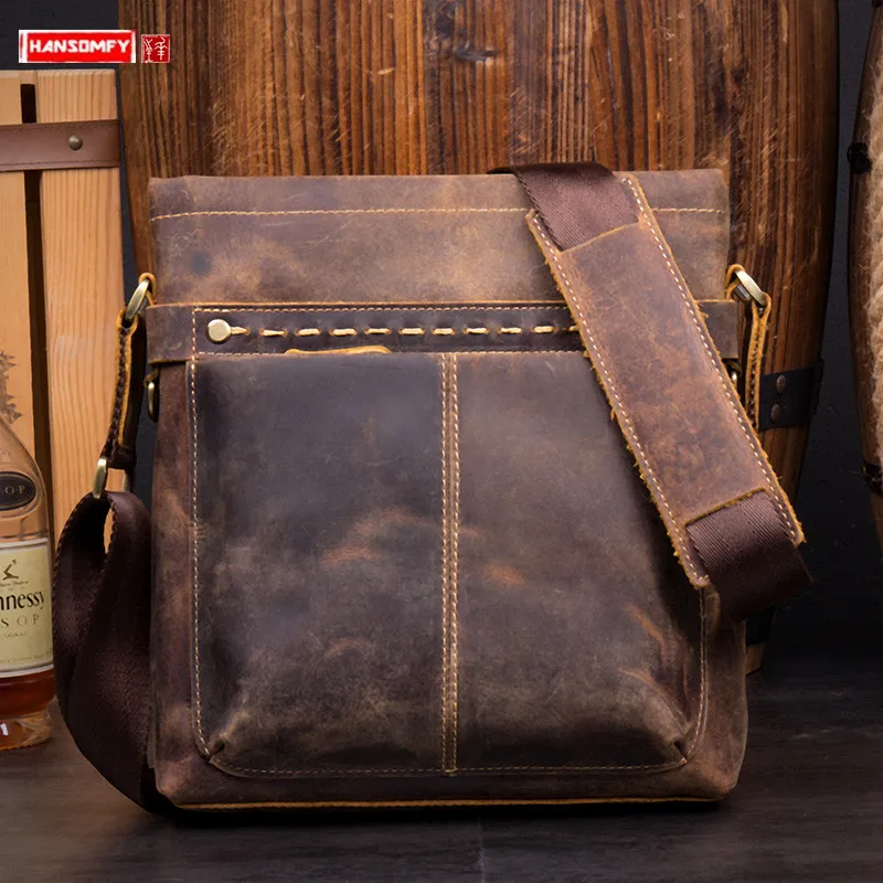 

Crazy Horse Leather Men Bags Retro Handmade Crossbody Messenger Bag Leather Shoulder BagOutdoor Casual Travel Bags 2023 New