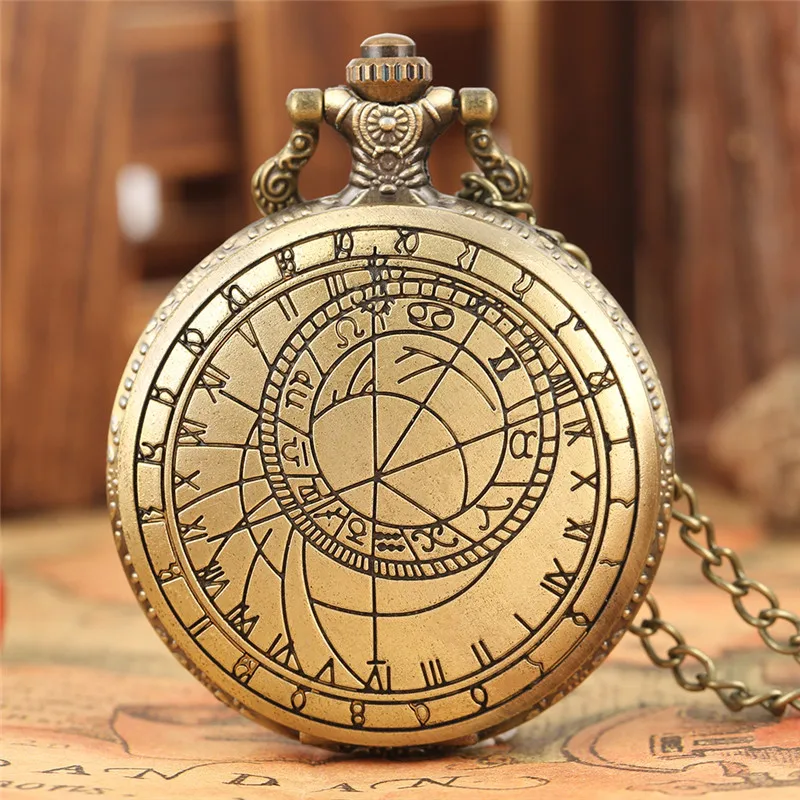 

Vintage Hollow-out Compass Pocket Watch Bronze Geometry Astronomical Design Quartz Clock Necklace Chain with Pendant Gadget
