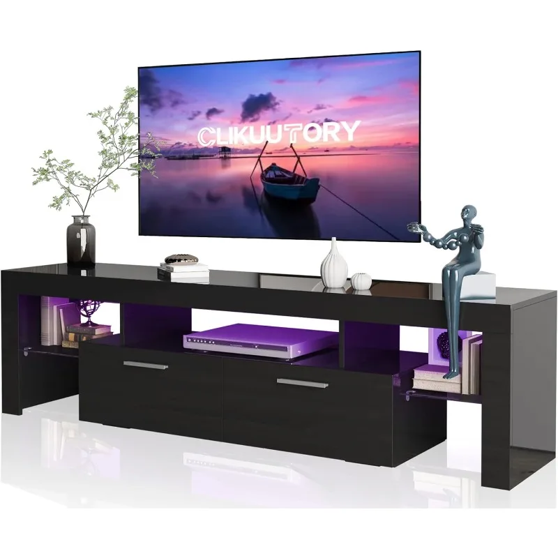 

Modern LED 63 Inch TV Stand with Large Storage Drawer for 40-75 Inch TVs, Black Wood TV Console with High Glossy Entertainment