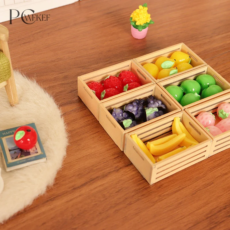 

1Set 1:12 Dollhouse Miniature Fruit Basket Strawberry Lemon Banana Grape Storage Box Kitchen Decor Toy Doll House Accessory