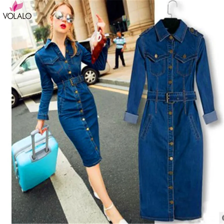

Women Winter Office Slim Jeans Mid-cuff Dress With Belt For Women Jeans Dress Modis Turn Down Collar Button Bodycon Dresses
