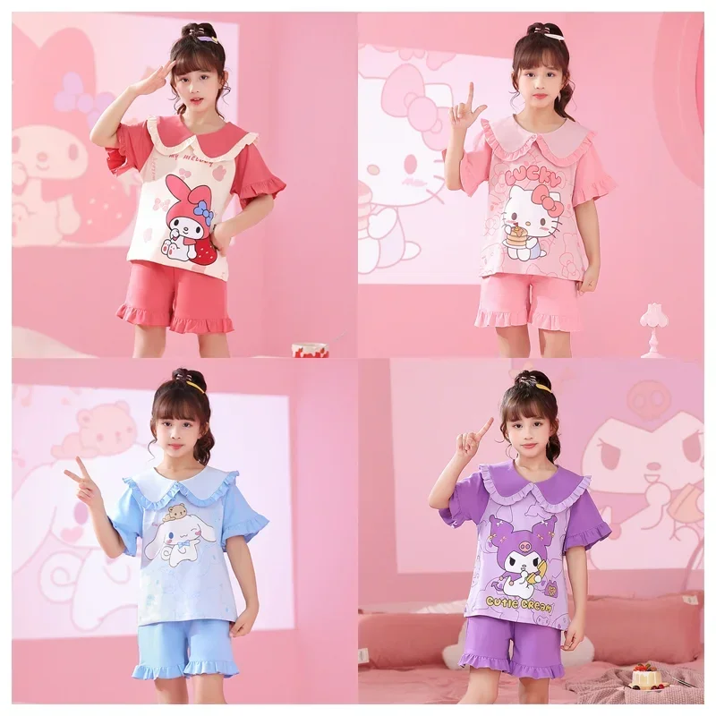 

Anime Sanrios My Melody Cinnamoroll Kuromi Girl Summer Cotton Pajama Set Kawaii Short Sleeved Shorts Home Clothing Kids Gift