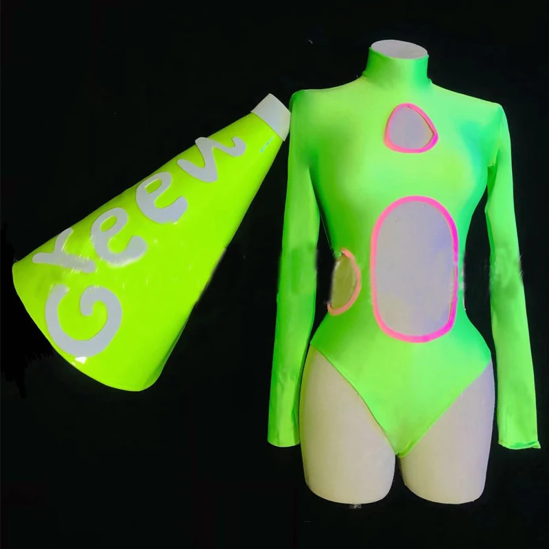 

Fluorescent Pink Green Hollow Bodysuit Sexy Gogo Dancer Costume Pole Dance Clothes Nightclub DS DJ Stage Rave Outfit XS4009