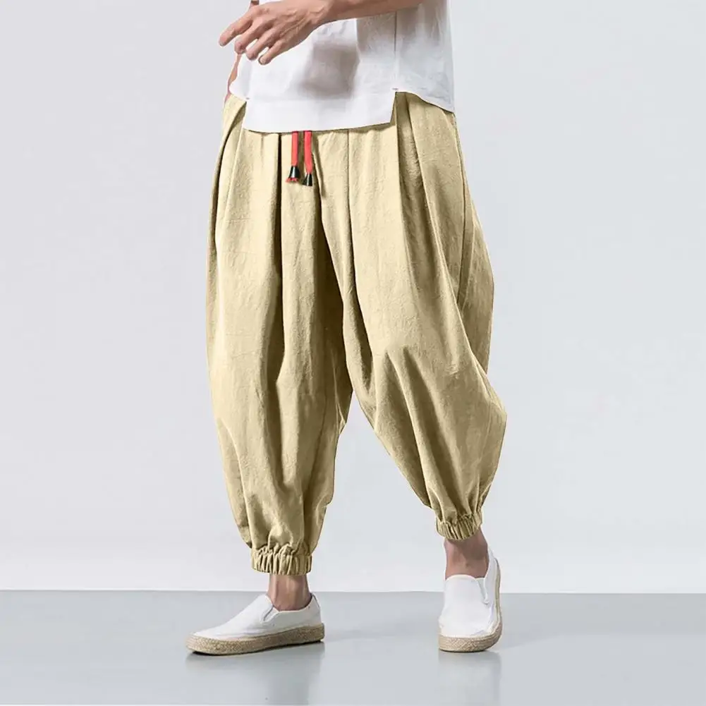

Men Harem Pants Deep Crotch Loose Drawstring Elastic Waist Bloomers Baggy Casual Pockets Ankle-banded Long Trousers For Daily