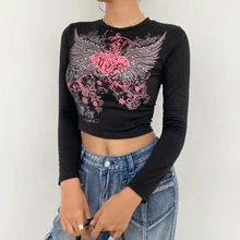 

Street hot rhinestone print hit color exposed umbilical short-fitting long-sleeved top turtleneck round neck T-shirt autumn