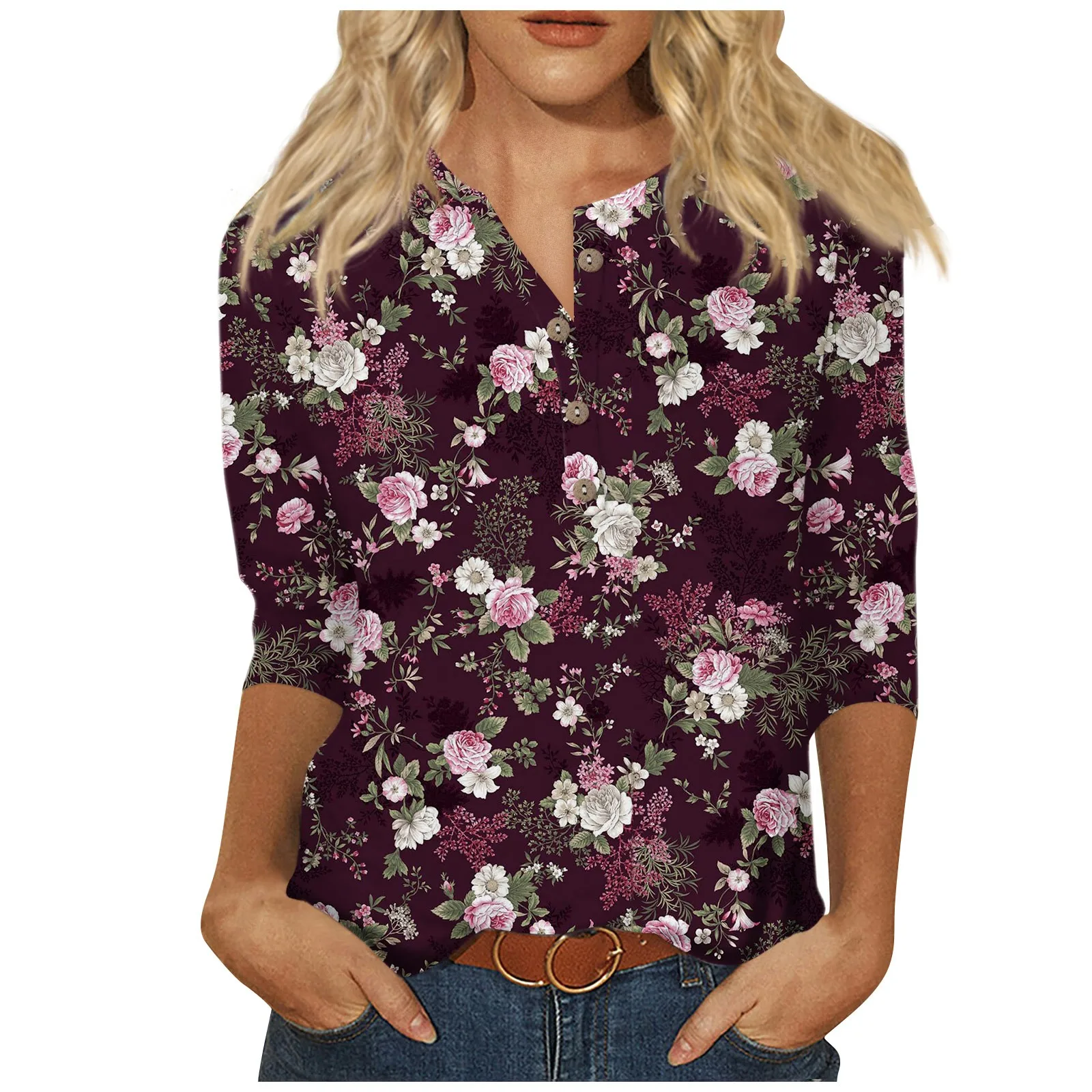 

Blusas Feminino Elegant Sleeve Shirts For Women Cute Flowers Print Graphic Tees Blouses Casual Plus Size Basic Tops Pullover