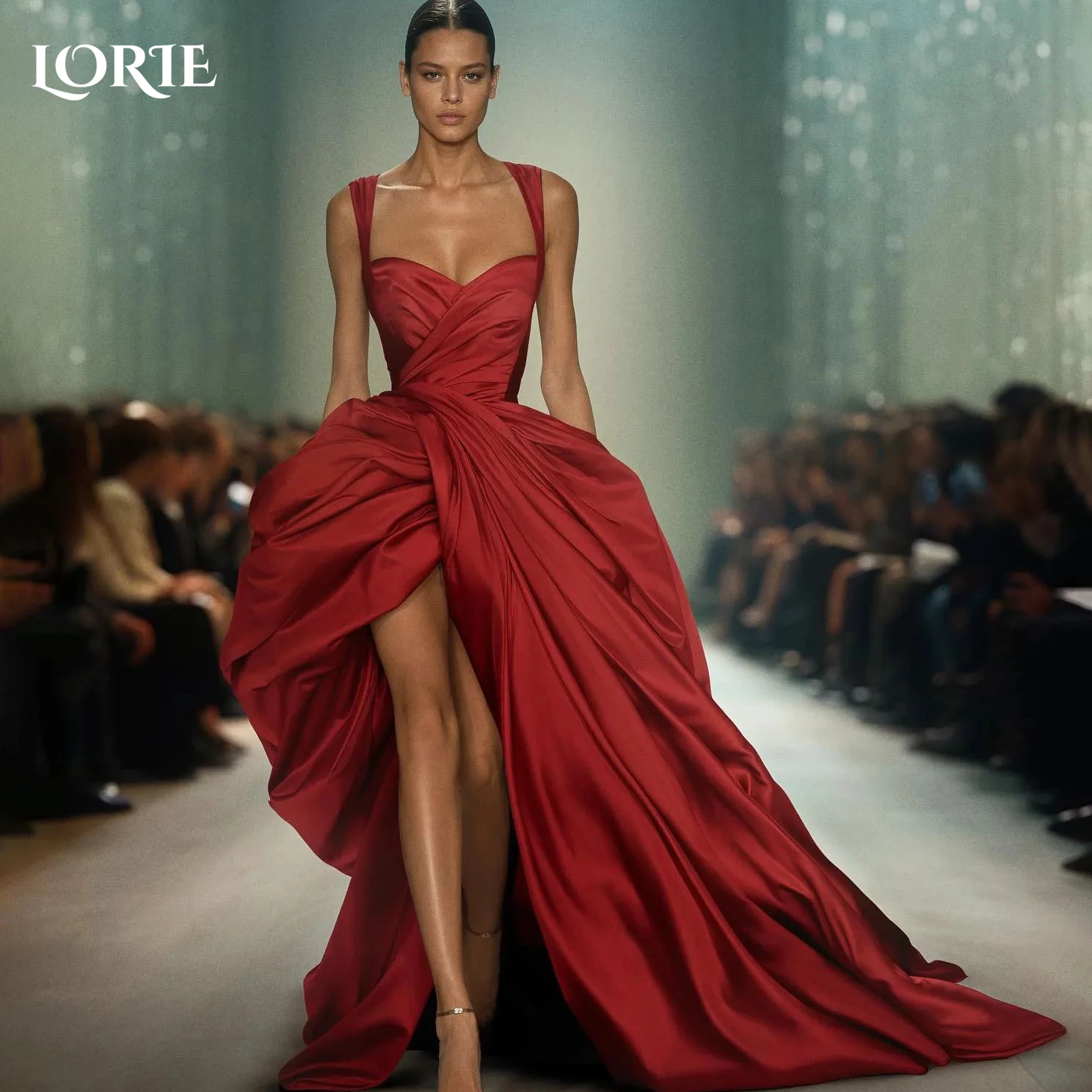 

LORIE Red Satin Formal Evening Dresses V-Neck Wide Straps A-Line Pleats Prom Dress Side Slit Backless Pageant Party Gowns 2024