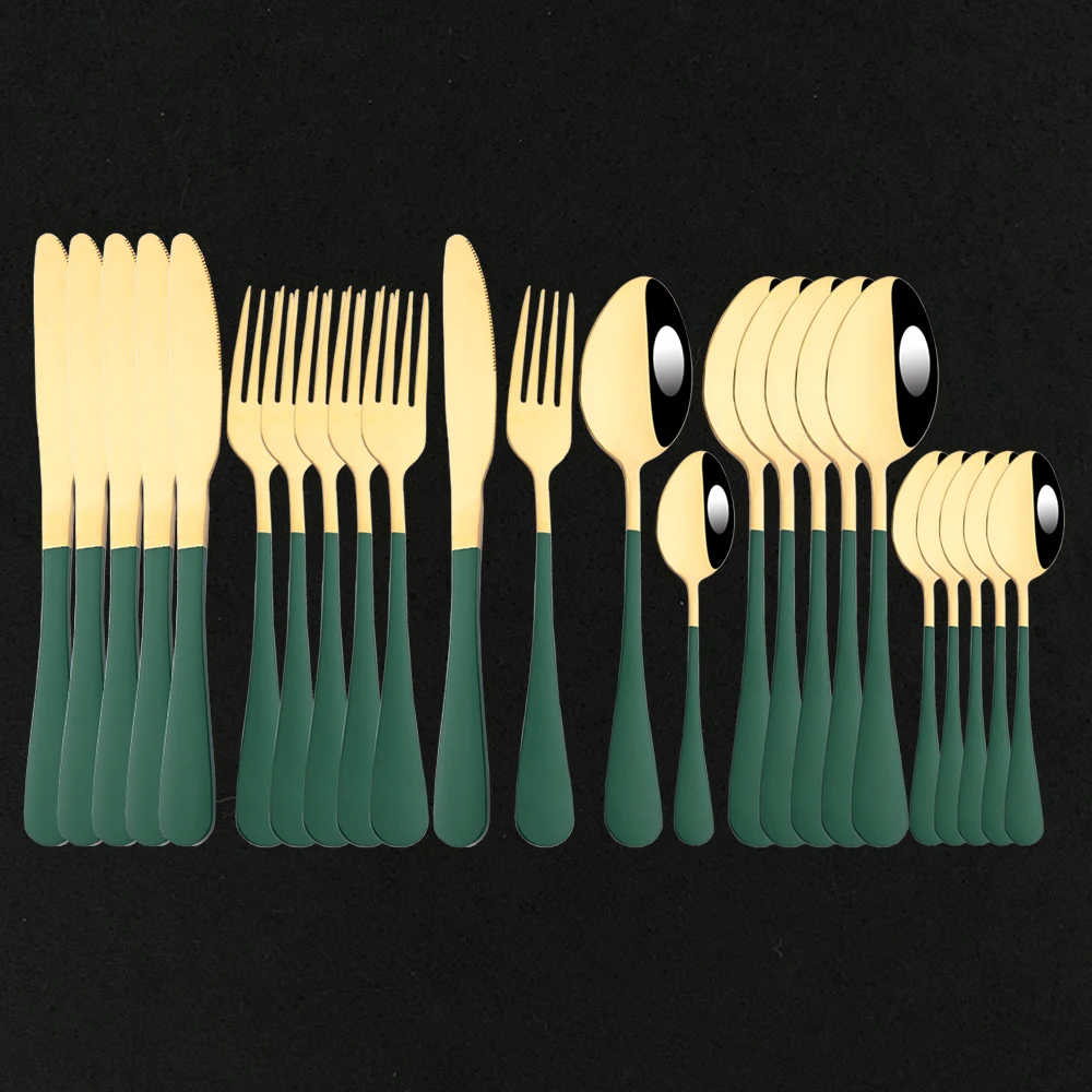 

24Pcs Cutlery Stainless Steel Tableware Mirror Green Gold Dinnerware Set Household Knife Fork Spoon Flatware Kitchen Silverware