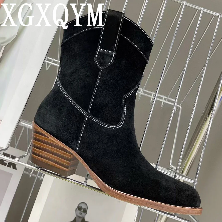 

2022 Fashion Suede Leather Pointed Toe Ankle Boots Women Chelsea Boots Khaki Black Short Brand High Heels Western Botas Mujer