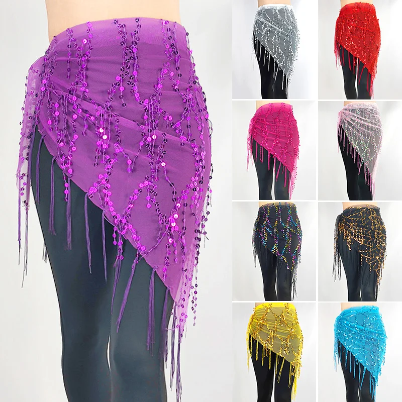 

1pc Glitter Sequin Tassel Skirt Belly Dance Performance Hip Wrapped Scarf Sexy Clear Waist Chain Decorated Lace Up Skirt Scarf