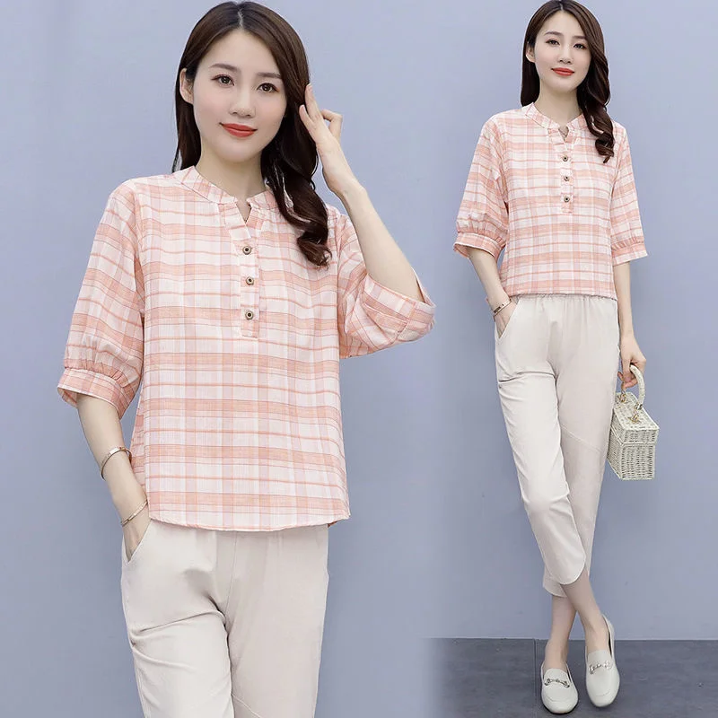 Cotton linen Suit Women's Summer 2022 New Fashion plaid Loose Top And Pants Two-piece Set Female Casual Ladies 2 piece Set
Cotton linen Suit Women's Summer 2022 New Fashion plaid Loose Top And Pants Two-piece Set Female Casual Ladies 2 piece Set