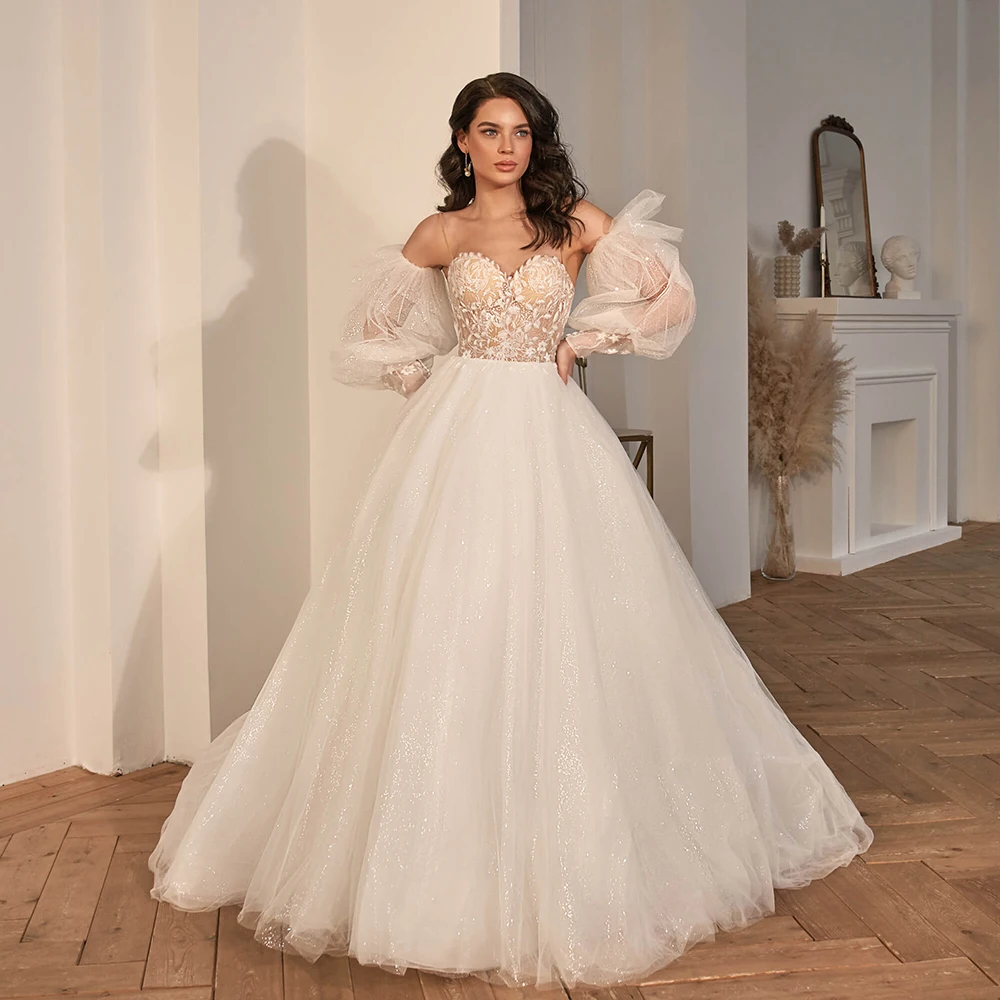 Sparkly Tulle A-line Wedding Dress Removable Sleeves Church Bridal Gowns Sweep Train Country Bride Dress Vestido de Novia
Sparkly Tulle A-line Wedding Dress Removable Sleeves Church Bridal Gowns Sweep Train Country Bride Dress Vestido de Novia