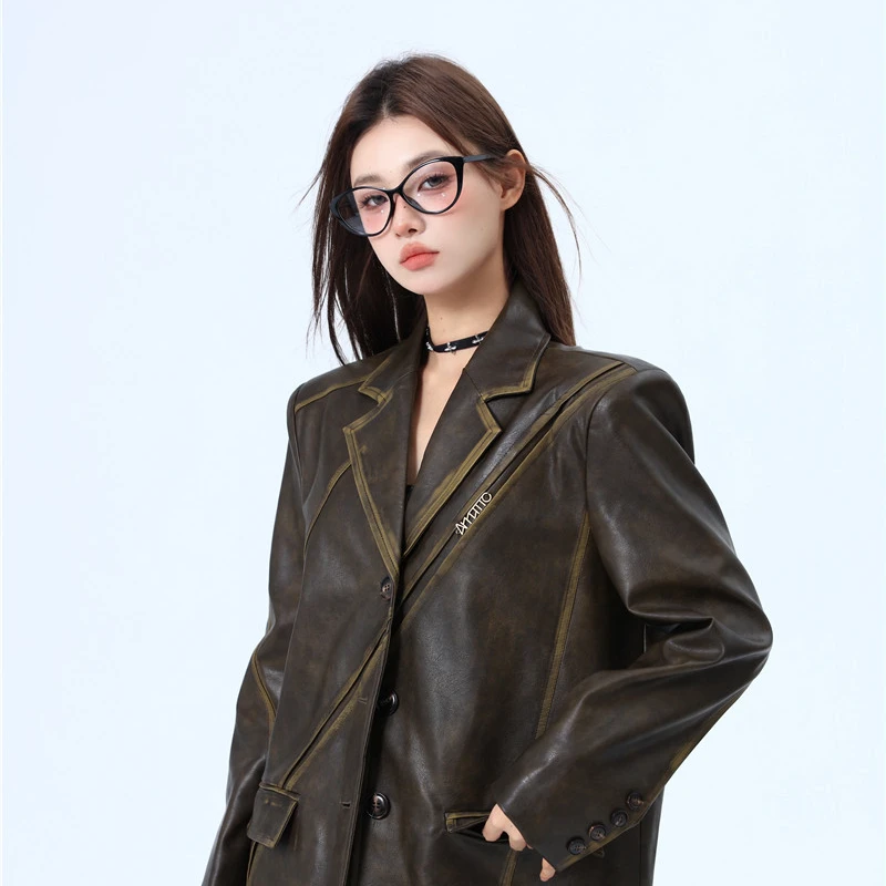 Women's Autumn/winter British Style Short PU Leather Blazer Coat Retro Casual Solid Color Loose Line Hook Edge Leather Jackets
Women's Autumn/winter British Style Short PU Leather Blazer Coat Retro Casual Solid Color Loose Line Hook Edge Leather Jackets