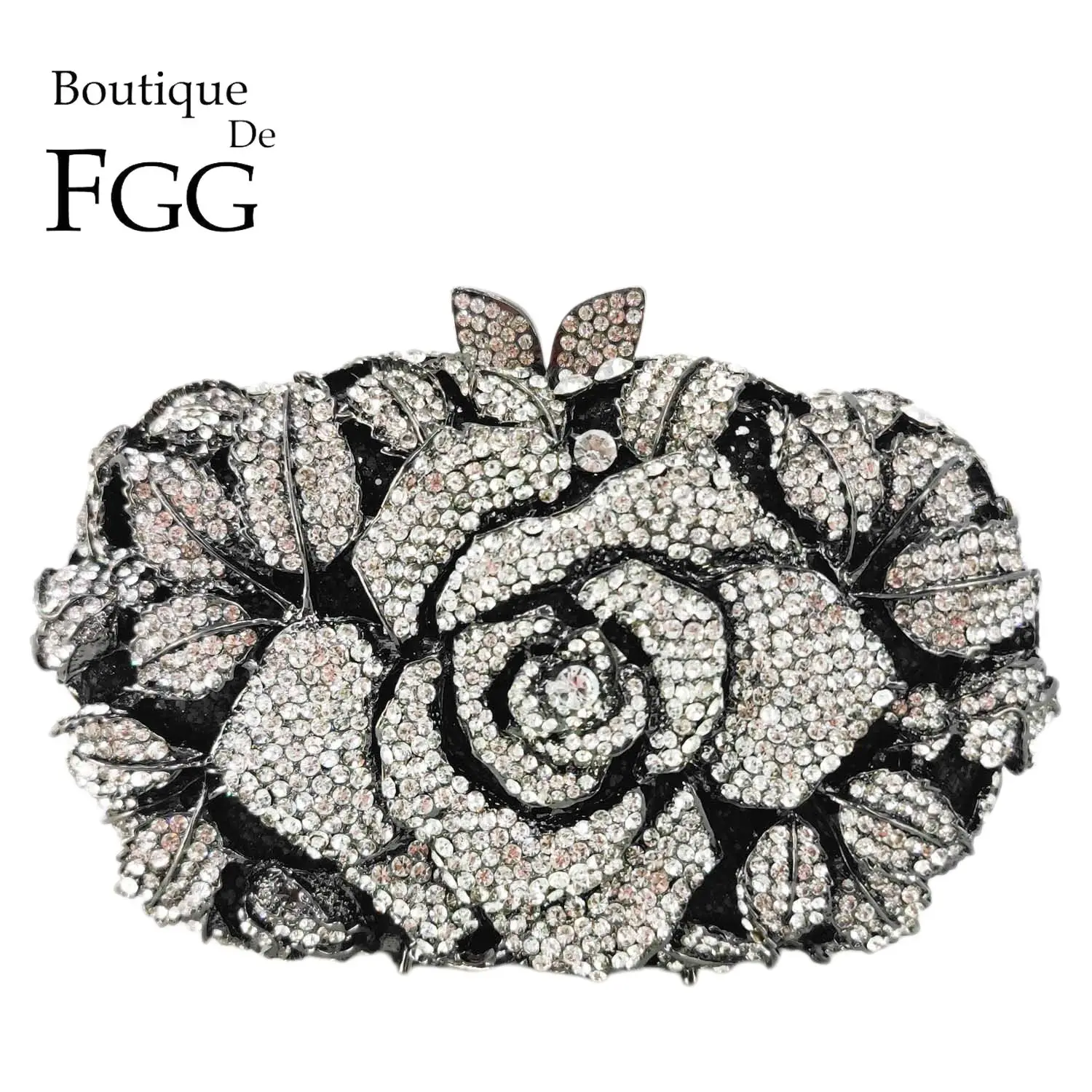 

Boutique De FGG Black Flower Clutch Evening Bags for Women Formal Party Crystal Handbags Bride Diamond Minaudiere Purses Bag